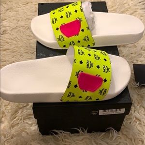 Women’s neon Yellow MCM slides